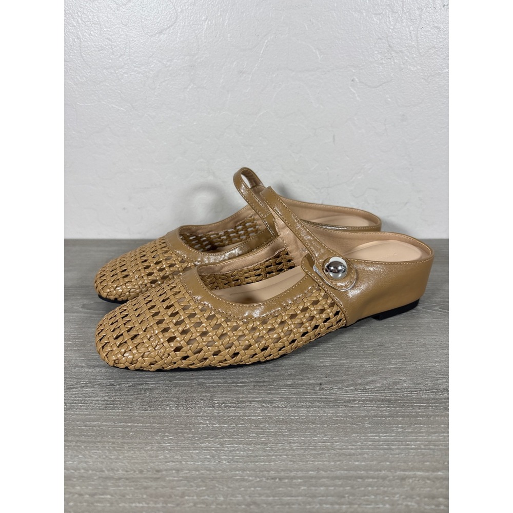 Xin Jing Woven Metallic Gold Tan Mary Jane Mules Square Strap Flats Sz 40 Shoes
